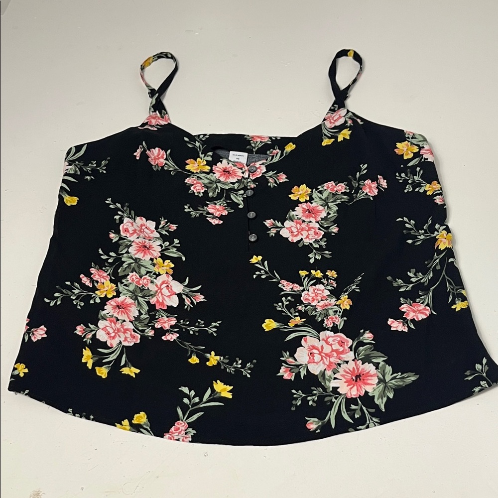 Old Navy XS Black Floral Print Faux Half Button Up Graphic Tank Top